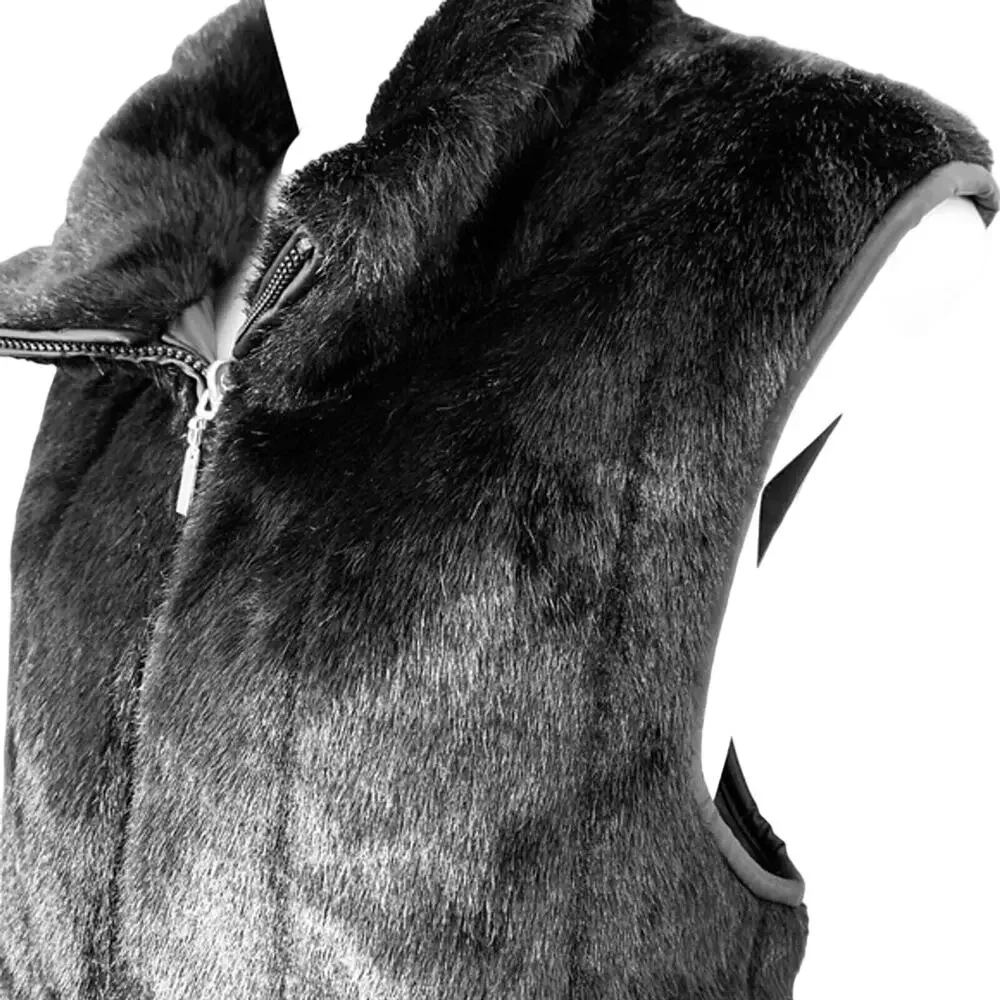 Giacca Gallery Womens Black Full Zip Faux Fur Reversible Vest Jacket Mob Wife M
